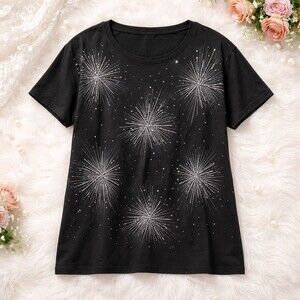 Womens Black Rhinestone Starburst Graphic Tee Shirt Size Large XL